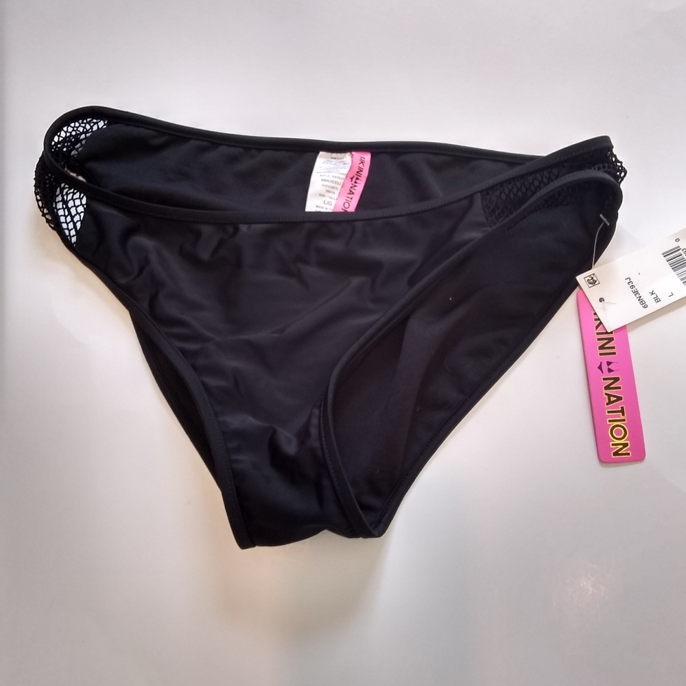 Bikini Nation Black Hipster Meshing Around Bikini Bottom Size L NWT